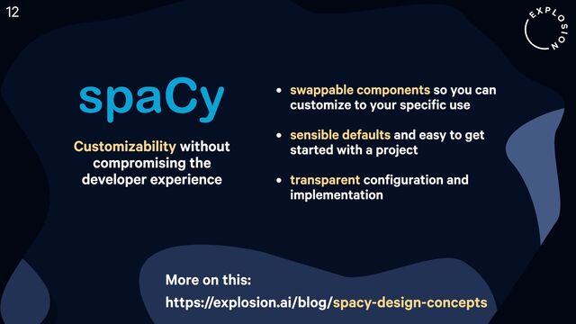 More on this:

https://explosion.ai/blog/spacy-design-concepts
Customizability without
compromising the
developer experience
f so you can
customize to your specific us
f and easy to get
started with a project
f configuration and
implementation
swappable components
sensible defaults
transparent
12
