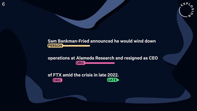 Sam Bankman-Fried announced he would wind down
operations at Alameda Research and resigned as CEO
of FTX amid the crisis in late 2022.
DATE
PERSON
ORG
ORG
6

