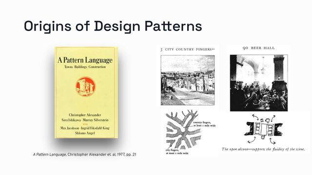 Origins of Design Patterns
A Pattern Language, Christopher Alexander et. al, 1977, pp. 21
