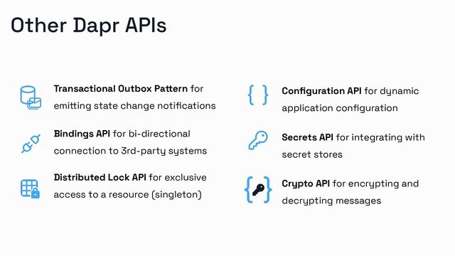 Bindings API for bi-directional
connection to 3rd-party systems
Distributed Lock API for exclusive
access to a resource (singleton)
Conﬁguration API for dynamic
application conﬁguration
Secrets API for integrating with
secret stores
Transactional Outbox Pattern for
emitting state change notiﬁcations
Crypto API for encrypting and
decrypting messages
Other Dapr APIs
