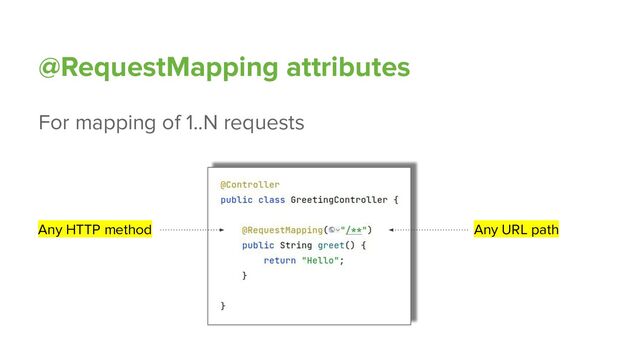 @RequestMapping attributes
For mapping of 1..N requests
Any HTTP method Any URL path
