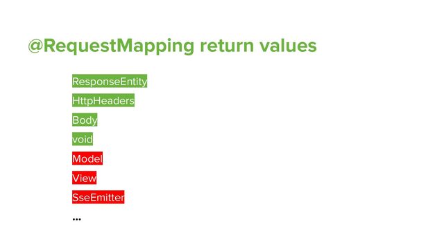 @RequestMapping return values
ResponseEntity
HttpHeaders
Body
void
Model
View
SseEmitter
…
