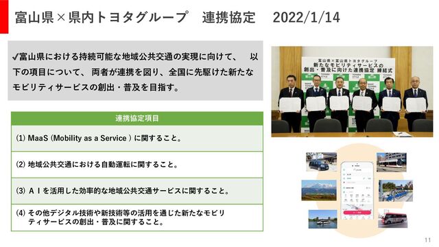 富山県×県内トヨタグループ 連携協定 2022/1/14
11
✔富山県における持続可能な地域公共交通の実現に向けて、 以
下の項目について、 両者が連携を図り、全国に先駆けた新たな
モビリティサービスの創出・普及を目指す。
連携協定項目
(1) MaaS (Mobility as a Service ) に関すること。
(2) 地域公共交通における自動運転に関すること。
(3) ＡＩを活用した効率的な地域公共交通サービスに関すること。
(4) その他デジタル技術や新技術等の活用を通じた新たなモビリ
ティサービスの創出・普及に関すること。

