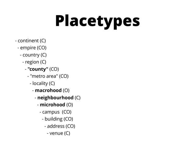 Placetypes
- continent (C)
- empire (CO)
- country (C)
- region (C)
- "county" (CO)
- "metro area" (CO)
- locality (C)
- macrohood (O)
- neighbourhood (C)
- microhood (O)
- campus (CO)
- building (CO)
- address (CO)
- venue (C)
