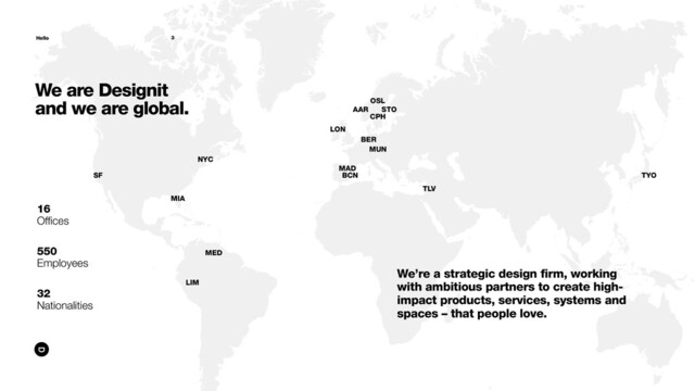 NYC
MED
LON
MAD
BCN
MUN
STO
OSL
CPH
TLV
AAR
BER
TYO
LIM
SF
MIA
16
Ofﬁces
550
Employees
32
Nationalities
We’re a strategic design firm, working
with ambitious partners to create high-
impact products, services, systems and
spaces – that people love.
3
We are Designit
and we are global.
Hello
