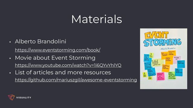 Materials
• Alberto Brandolini
 
https://www.eventstorming.com/book/


• Movie about Event Storming
 
https://www.youtube.com/watch?v=1i6QYvYhlYQ


• List of articles and more resources
 
https://github.com/mariuszgil/awesome-eventstorming


