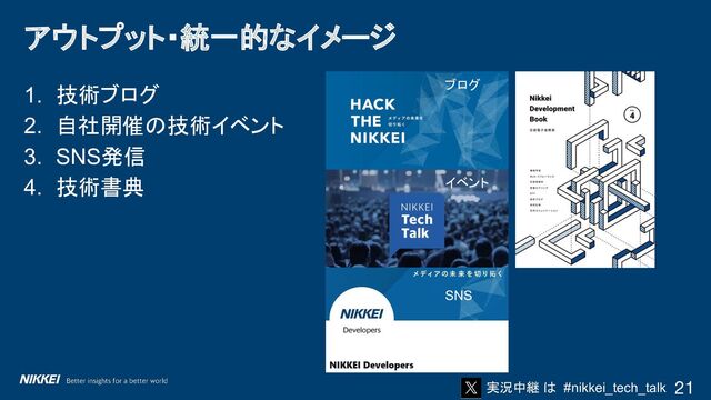 実況中継 は #nikkei_tech_talk
アウトプット・統一的なイメージ
21
1. 技術ブログ
2. 自社開催の技術イベント
3. SNS発信
4. 技術書典
ブログ
イベント
SNS
