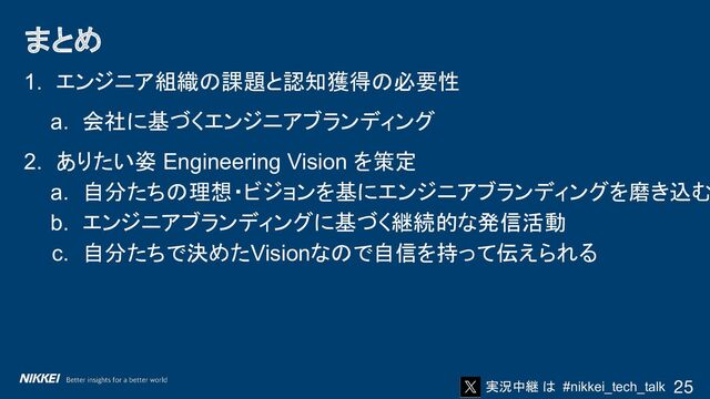 実況中継 は #nikkei_tech_talk
1. エンジニア組織の課題と認知獲得の必要性
a. 会社に基づくエンジニアブランディング
2. ありたい姿 Engineering Vision を策定
a. 自分たちの理想・ビジョンを基にエンジニアブランディングを磨き込む
b. エンジニアブランディングに基づく継続的な発信活動
c. 自分たちで決めたVisionなので自信を持って伝えられる
まとめ
25
