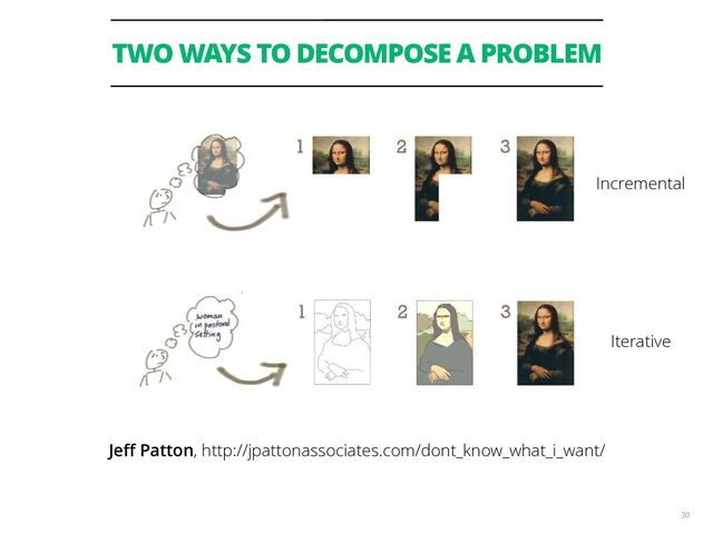 TWO WAYS TO DECOMPOSE A PROBLEM
30
Jeﬀ Patton, http://jpattonassociates.com/dont_know_what_i_want/
Incremental
Iterative
