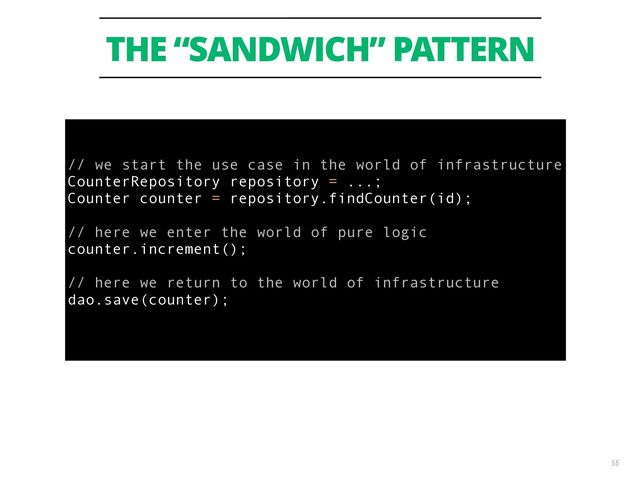 THE “SANDWICH” PATTERN
55
 
 
// we start the use case in the world of infrastructure 
CounterRepository repository = ...; 
Counter counter = repository.findCounter(id); 
 
// here we enter the world of pure logic 
counter.increment(); 
 
// here we return to the world of infrastructure 
dao.save(counter); 
 
 

