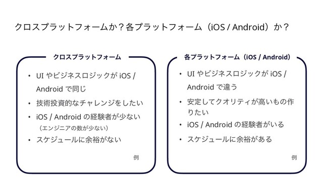 ΫϩεϓϥοτϑΥʔϜ͔ʁ֤ϓϥοτϑΥʔϜʢiOS / Androidʣ͔ʁ
ɹΫϩεϓϥοτϑΥʔϜɹ ɹ֤ϓϥοτϑΥʔϜʢiOS / Androidʣ
• UI ΍ϏδωεϩδοΫ͕ iOS /
Android Ͱҧ͏


• ҆ఆͯ͠ΫΦϦςΟ͕ߴ͍΋ͷ࡞
Γ͍ͨ


• iOS / Android ͷܦݧऀ͕͍Δ


• εέδϡʔϧʹ༨༟͕͋Δ
ྫ ྫ
• UI ΍ϏδωεϩδοΫ͕ iOS /
Android Ͱಉ͡


• ٕज़౤ࢿతͳνϟϨϯδΛ͍ͨ͠


• iOS / Android ͷܦݧऀ͕গͳ͍
 
ʢΤϯδχΞͷ਺͕গͳ͍ʣ


• εέδϡʔϧʹ༨༟͕ͳ͍



