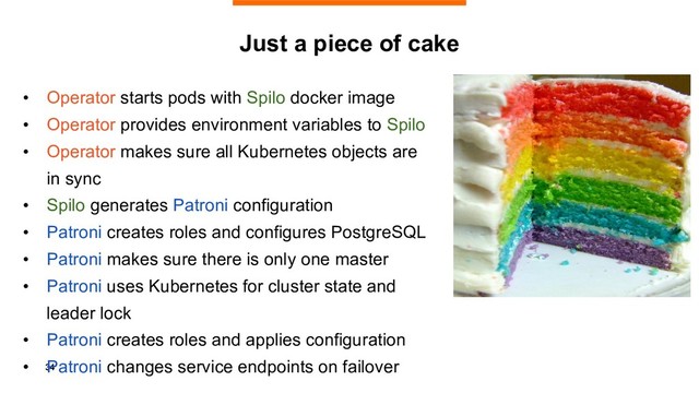 34
Just a piece of cake
• Operator starts pods with Spilo docker image
• Operator provides environment variables to Spilo
• Operator makes sure all Kubernetes objects are
in sync
• Spilo generates Patroni configuration
• Patroni creates roles and configures PostgreSQL
• Patroni makes sure there is only one master
• Patroni uses Kubernetes for cluster state and
leader lock
• Patroni creates roles and applies configuration
• Patroni changes service endpoints on failover
