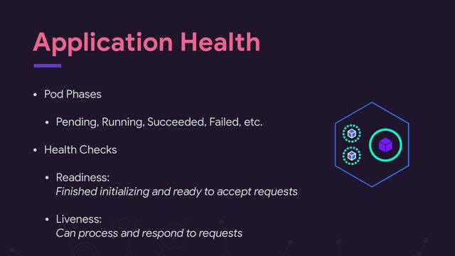 Application Health
• Pod Phases

• Pending, Running, Succeeded, Failed, etc.

• Health Checks

• Readiness: 
Finished initializing and ready to accept requests

• Liveness: 
Can process and respond to requests 
