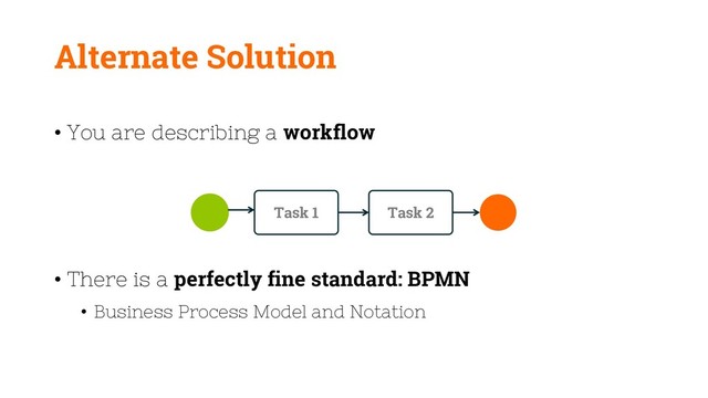 Alternate Solution
• You are describing a workflow
• There is a perfectly fine standard: BPMN
• Business Process Model and Notation
Task 1 Task 2
