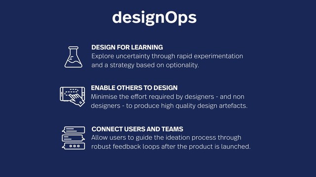 designOps
ENABLE OTHERS TO DESIGN
Minimise the effort required by designers - and non
designers - to produce high quality design artefacts.
DESIGN FOR LEARNING
Explore uncertainty through rapid experimentation
and a strategy based on optionality.
CONNECT USERS AND TEAMS
Allow users to guide the ideation process through
robust feedback loops after the product is launched.
