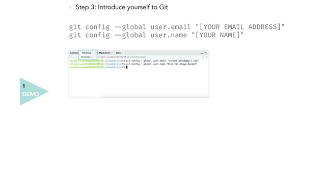 ‣ Step 3: Introduce yourself to Git
git config !--global user.email "[YOUR EMAIL ADDRESS]"
git config !--global user.name "[YOUR NAME]"
DEMO
1

