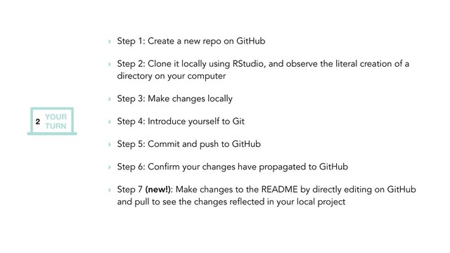 YOUR
TURN
2
‣ Step 1: Create a new repo on GitHub
‣ Step 2: Clone it locally using RStudio, and observe the literal creation of a
directory on your computer
‣ Step 3: Make changes locally
‣ Step 4: Introduce yourself to Git
‣ Step 5: Commit and push to GitHub
‣ Step 6: Confirm your changes have propagated to GitHub
‣ Step 7 (new!): Make changes to the README by directly editing on GitHub
and pull to see the changes reflected in your local project
