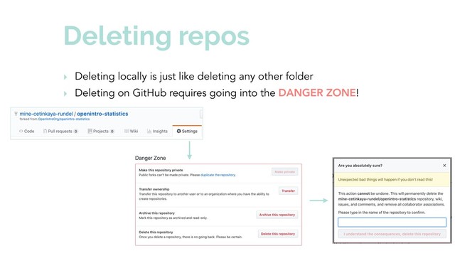 Deleting repos
‣ Deleting locally is just like deleting any other folder
‣ Deleting on GitHub requires going into the DANGER ZONE!
