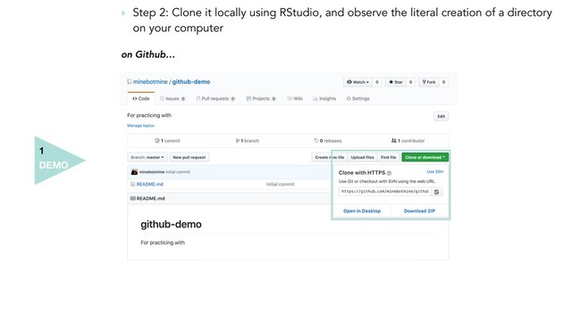 DEMO
1
‣ Step 2: Clone it locally using RStudio, and observe the literal creation of a directory
on your computer
on Github…
