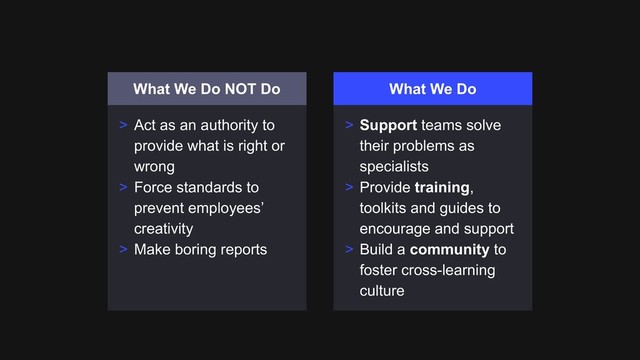 What We Do NOT Do
> Act as an authority to
provide what is right or
wrong
> Force standards to
prevent employees’
creativity
> Make boring reports
What We Do
> Support teams solve
their problems as
specialists
> Provide training,
toolkits and guides to
encourage and support
> Build a community to
foster cross-learning
culture

