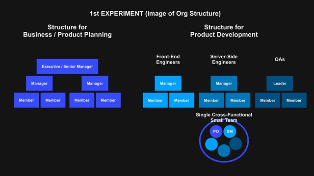 Structure for 
Business / Product Planning
Structure for 
Product Development
Front-End 
Engineers
Server-Side 
Engineers
QAs
PO SM
Manager
Member Member
Manager
Member Member
Leader
Member Member
Manager
Member Member
Manager
Member Member
Single Cross-Functional 
Small Team
Executive / Senior Manager
1st EXPERIMENT (Image of Org Structure)
