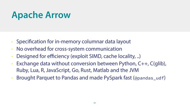 14
Apache Arrow
• Specification for in-memory columnar data layout
• No overhead for cross-system communication
• Designed for eﬃciency (exploit SIMD, cache locality, ..)
• Exchange data without conversion between Python, C++, C(glib),
Ruby, Lua, R, JavaScript, Go, Rust, Matlab and the JVM
• Brought Parquet to Pandas and made PySpark fast (@pandas_udf)
