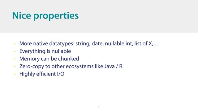 15
Nice properties
• More native datatypes: string, date, nullable int, list of X, …
• Everything is nullable
• Memory can be chunked
• Zero-copy to other ecosystems like Java / R
• Highly eﬃcient I/O
