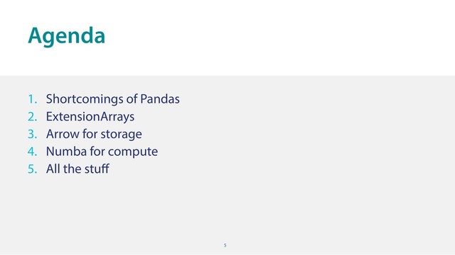 5
1. Shortcomings of Pandas
2. ExtensionArrays
3. Arrow for storage
4. Numba for compute
5. All the stuﬀ
Agenda
