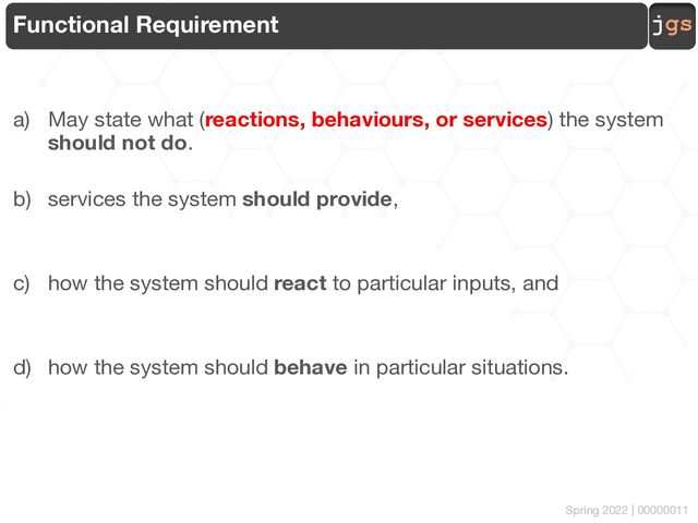 jgs
Spring 2022 | 00000011
Functional Requirement
a) May state what (reactions, behaviours, or services) the system
should not do.
b) services the system should provide,
c) how the system should react to particular inputs, and
d) how the system should behave in particular situations.
