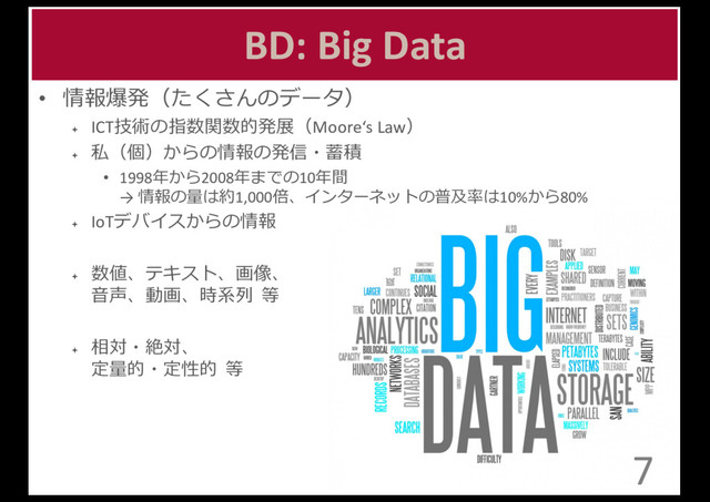 BD:	  Big	  Data
• 情報爆発（たくさんのデータ）
ª ICT技術の指数関数的発展（Moore‘s	  Law）
ª
私（個）からの情報の発信・蓄積
• 1998年年から2008年年までの10年年間
→	  情報の量量は約1,000倍、インターネットの普及率率率は10%から80%
ª IoTデバイスからの情報
ª
数値、テキスト、画像、
⾳音声、動画、時系列列 等
ª
相対・絶対、
定量量的・定性的 等
7
