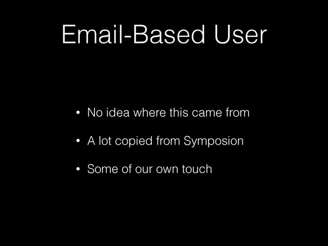 Email-Based User
• No idea where this came from
• A lot copied from Symposion
• Some of our own touch
