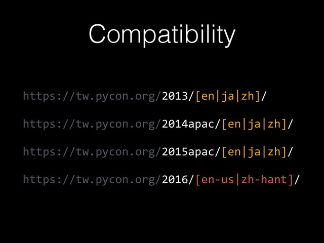 Compatibility
https://tw.pycon.org/2013/[en|ja|zh]/
https://tw.pycon.org/2014apac/[en|ja|zh]/
https://tw.pycon.org/2015apac/[en|ja|zh]/
https://tw.pycon.org/2016/[en-us|zh-hant]/
