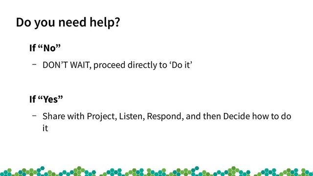 Do you need help?
If “No”
– DON’T WAIT, proceed directly to ‘Do it’
If “Yes”
– Share with Project, Listen, Respond, and then Decide how to do
it
