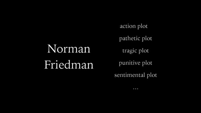 Norman
Friedman
action plot
pathetic plot
tragic plot
punitive plot
sentimental plot
…
