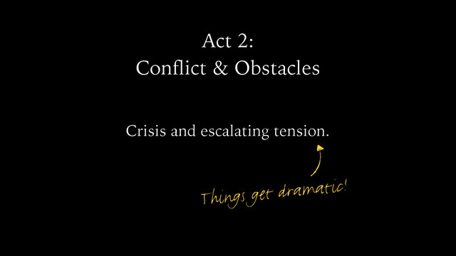 Act 2:
Conflict & Obstacles
Crisis and escalating tension.
Things get dramatic!

