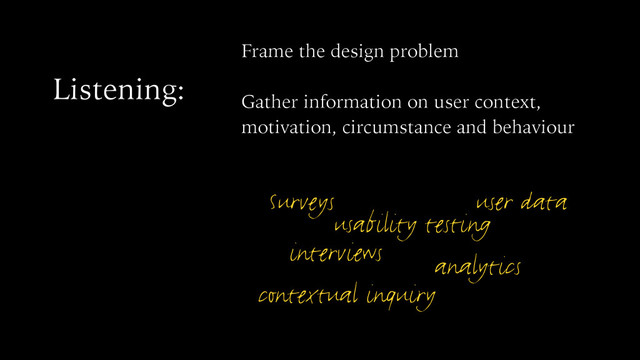 Listening:
Frame the design problem
Gather information on user context,
motivation, circumstance and behaviour
Surveys
interviews
usability testing
analytics
user data
contextual inquiry
