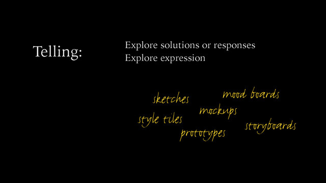 Telling: Explore solutions or responses
Explore expression
sketches
style tiles
mood boards
prototypes
mockups
storyboards
