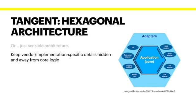 TANGENT: HEXAGONAL
ARCHITECTURE
Hexagonal Architecture by Cth027, licensed under CC BY-SA 4.0
Or... just sensible architecture.
Keep vendor/implementation-specific details hidden
and away from core logic
