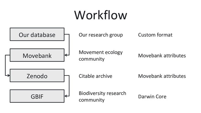 Workflow
Our database
Movebank
Zenodo
GBIF
Custom format
Movebank attributes
Movebank attributes
Darwin Core
Our research group
Movement ecology
community
Citable archive
Biodiversity research
community

