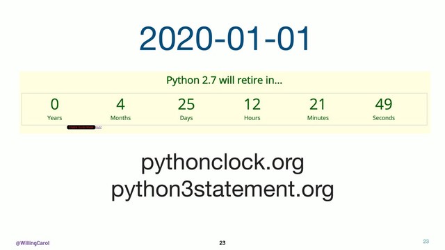 @WillingCarol 23
2020-01-01
pythonclock.org

python3statement.org
23 !23
