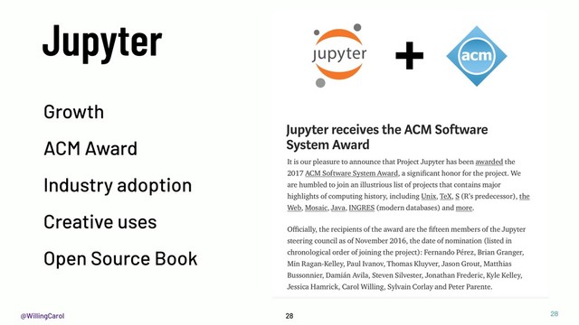 @WillingCarol 28
Jupyter
Growth
ACM Award
Industry adoption
Creative uses
Open Source Book
!28
