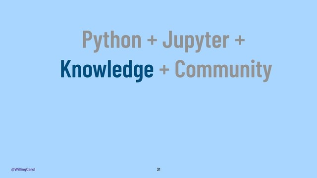 @WillingCarol 31
Python + Jupyter +
Knowledge + Community
