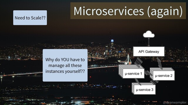 @deanwampler
Microservices (again)
Need to Scale??
Why do YOU have to
manage all these
instances yourself??
REST
API Gateway
µ-service 1
µ-service 2
µ-service 3
µ-service 1
µ-service 2
µ-service 3
µ-service 1
µ-service 2
µ-service 3
µ-service 1
µ-service 2
µ-service 1
