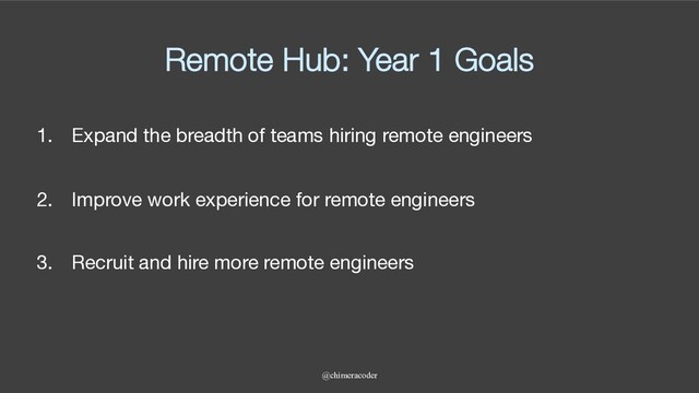 Remote Hub: Year 1 Goals
1. Expand the breadth of teams hiring remote engineers
2. Improve work experience for remote engineers
3. Recruit and hire more remote engineers
@chimeracoder

