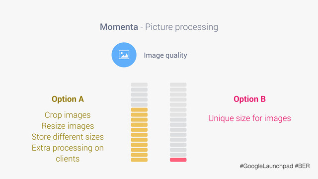 Momenta - Picture processing
A Image quality
Option A
Crop images
Resize images
Store different sizes
Extra processing on
clients
Option B
Unique size for images
#GoogleLaunchpad #BER
