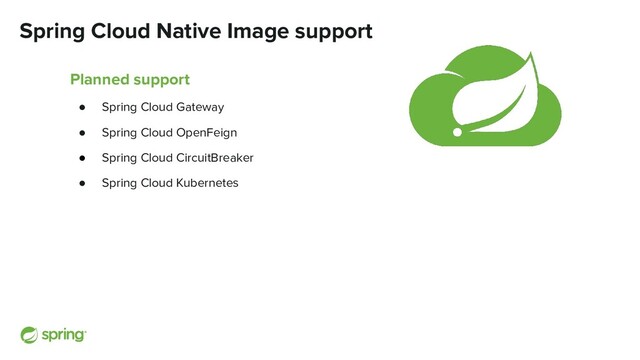 Spring Cloud Native Image support
Planned support
● Spring Cloud Gateway
● Spring Cloud OpenFeign
● Spring Cloud CircuitBreaker
● Spring Cloud Kubernetes
