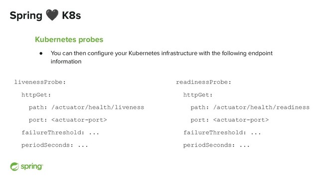 Spring 🖤 K8s
Kubernetes probes
● You can then conﬁgure your Kubernetes infrastructure with the following endpoint
information
livenessProbe:
httpGet:
path: /actuator/health/liveness
port: 
failureThreshold: ...
periodSeconds: ...
readinessProbe:
httpGet:
path: /actuator/health/readiness
port: 
failureThreshold: ...
periodSeconds: ...
