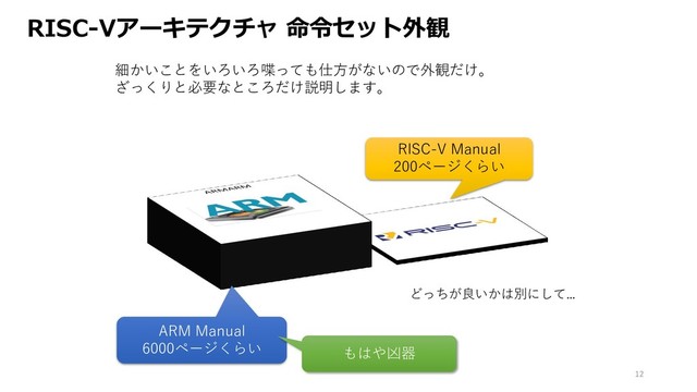 RISC-Vアーキテクチャ 命令セット外観
12
ARM Manual
6000ページくらい
RISC-V Manual
200ページくらい
どっちが良いかは別にして…
細かいことをいろいろ喋っても仕方がないので外観だけ。
ざっくりと必要なところだけ説明します。
もはや凶器
