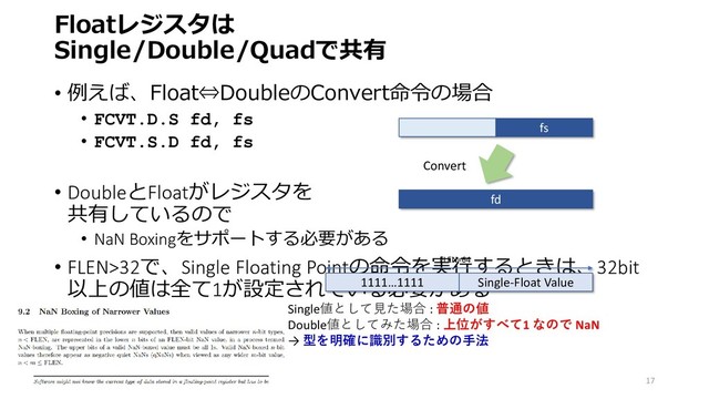 Floatレジスタは
Single/Double/Quadで共有
• 例えば、Float⇔DoubleのConvert命令の場合
• FCVT.D.S fd, fs
• FCVT.S.D fd, fs
• DoubleとFloatがレジスタを
共有しているので
• NaN Boxingをサポートする必要がある
• FLEN>32で、Single Floating Pointの命令を実行するときは、32bit
以上の値は全て1が設定されている必要がある
17
fd
fs
Convert
1111…1111 Single-Float Value
FLEN=64
Single値として見た場合 : 普通の値
Double値としてみた場合 : 上位がすべて1 なので NaN
→ 型を明確に識別するための手法
