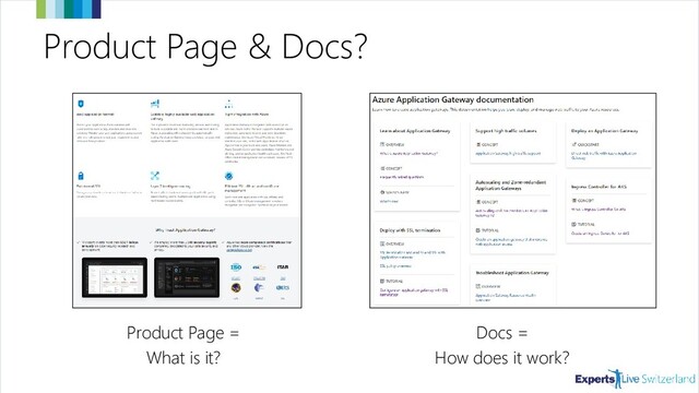 Product Page & Docs?
Product Page =
What is it?
Docs =
How does it work?
